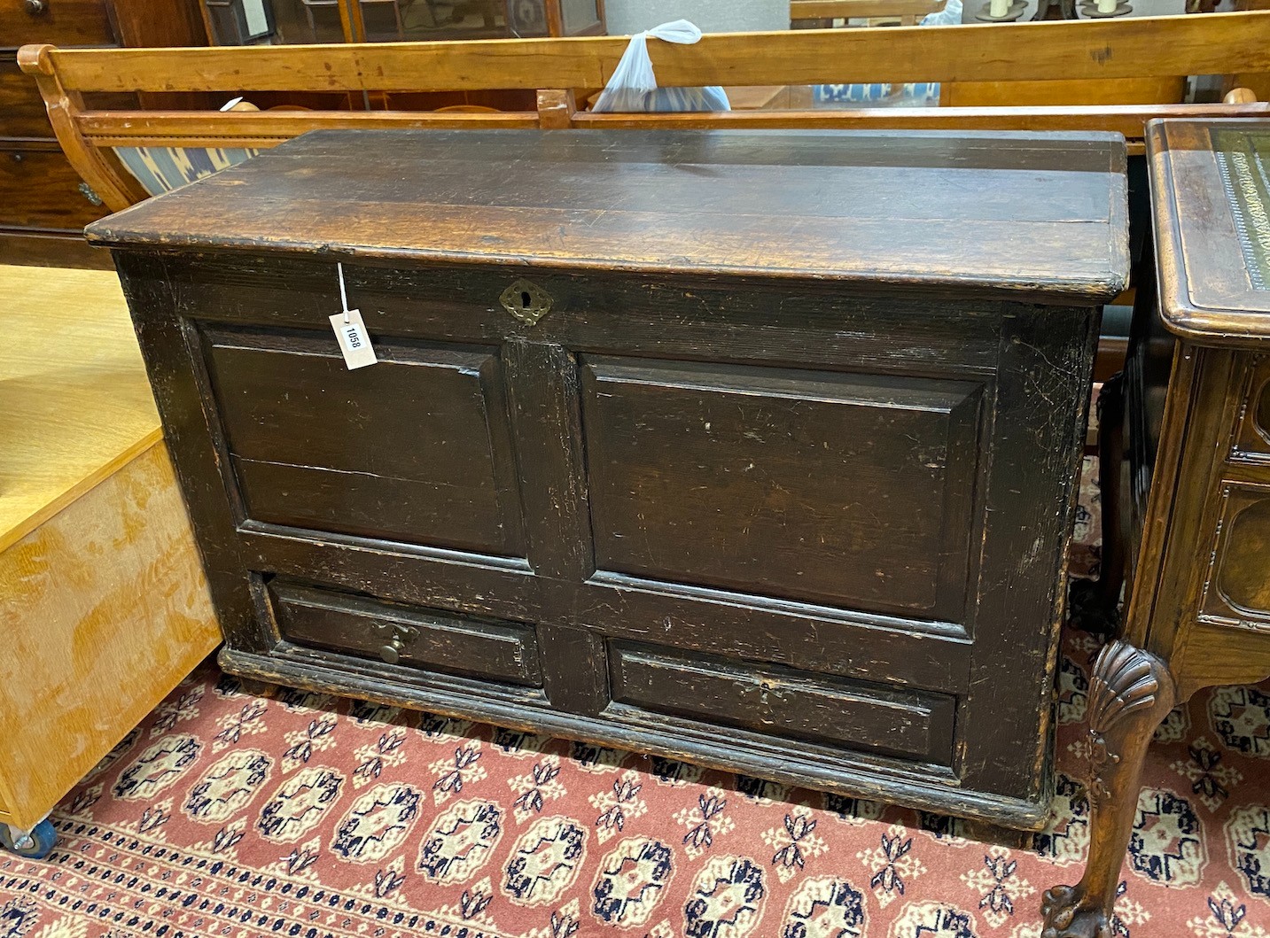 An 18th century pine mule chest, width 120cm, depth 52cm, height 76cm